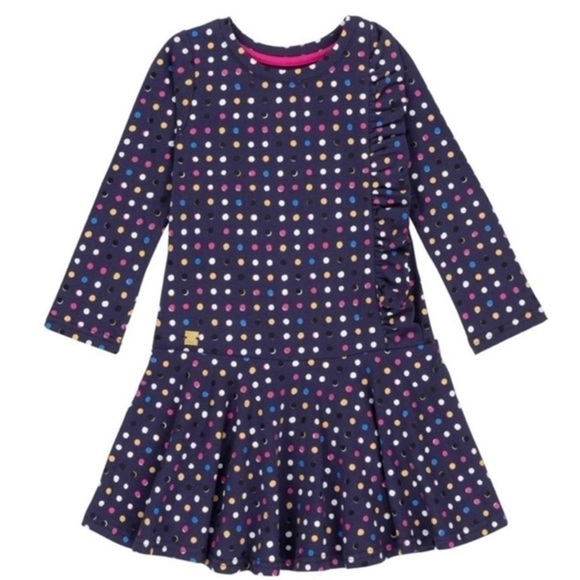 DEUX par Deux Girls Blue Polka Dot Long Sleeve Ruffle Drop Waist Dress Sz 10 - Picture 1 of 7